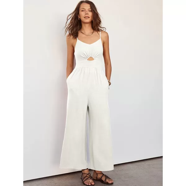 imageANRABESS Womens Summer Spaghetti Straps V Neck Cutout Smocked High Waist Wide leg Jumpsuits Rompers with PocketsOffwhite