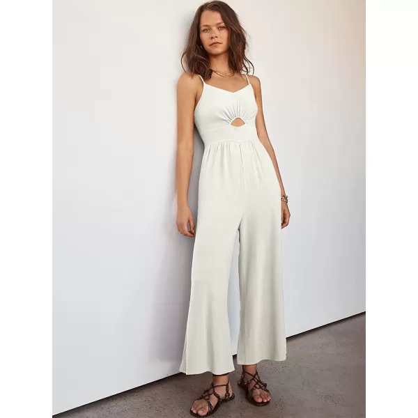 imageANRABESS Womens Summer Spaghetti Straps V Neck Cutout Smocked High Waist Wide leg Jumpsuits Rompers with PocketsOffwhite