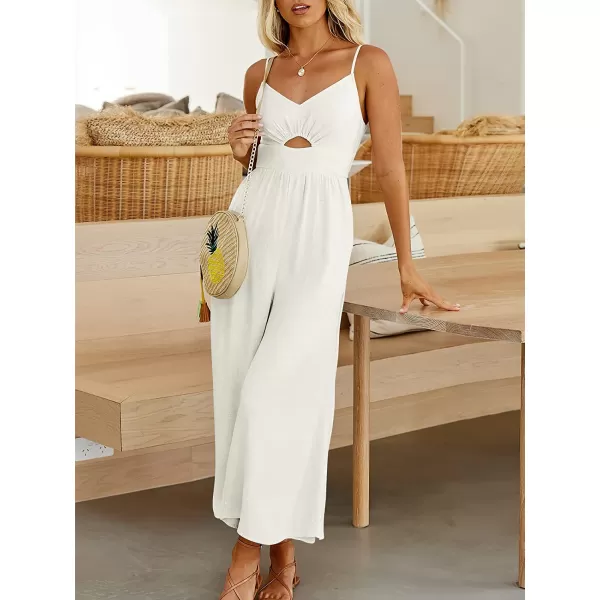 imageANRABESS Womens Summer Spaghetti Straps V Neck Cutout Smocked High Waist Wide leg Jumpsuits Rompers with PocketsOffwhite