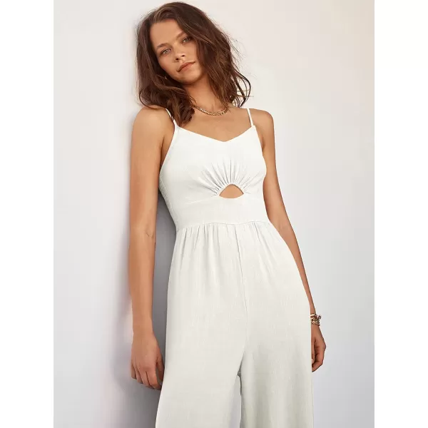 imageANRABESS Womens Summer Spaghetti Straps V Neck Cutout Smocked High Waist Wide leg Jumpsuits Rompers with PocketsOffwhite
