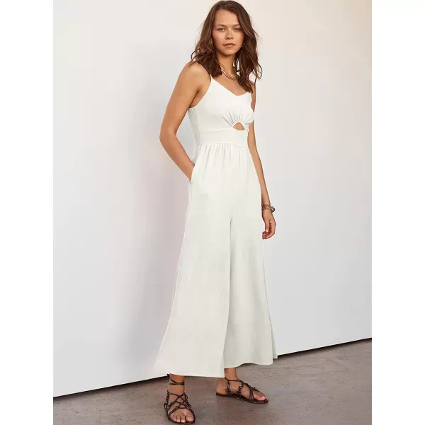 imageANRABESS Womens Summer Spaghetti Straps V Neck Cutout Smocked High Waist Wide leg Jumpsuits Rompers with PocketsOffwhite