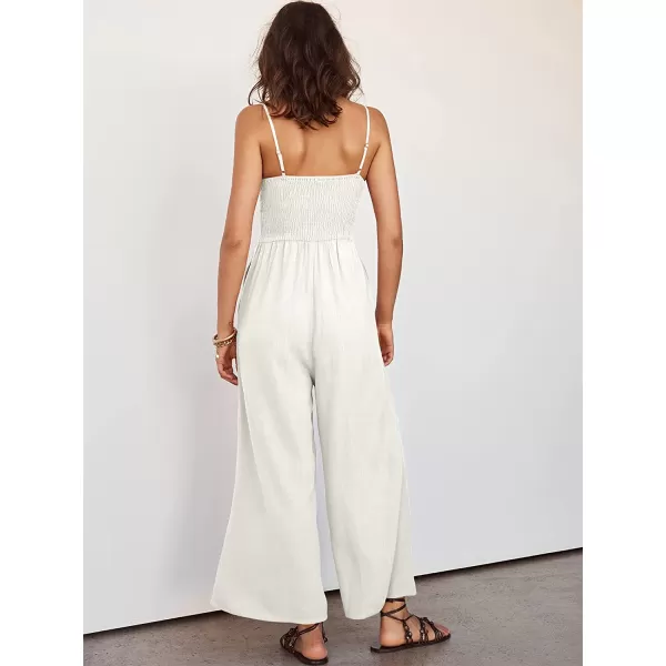 imageANRABESS Womens Summer Spaghetti Straps V Neck Cutout Smocked High Waist Wide leg Jumpsuits Rompers with PocketsOffwhite