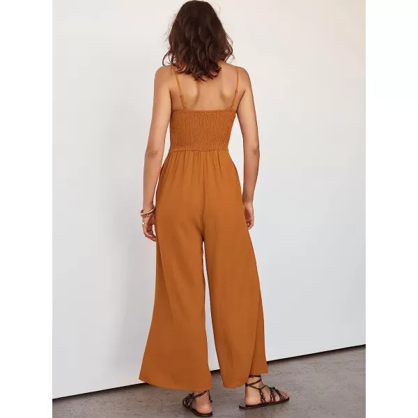imageANRABESS Womens Summer Spaghetti Straps V Neck Cutout Smocked High Waist Wide leg Jumpsuits Rompers with PocketsOrange