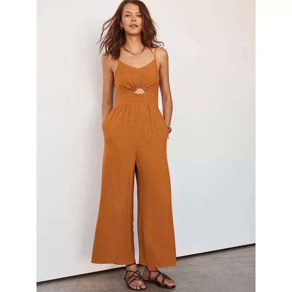 imageANRABESS Womens Summer Spaghetti Straps V Neck Cutout Smocked High Waist Wide leg Jumpsuits Rompers with PocketsOrange
