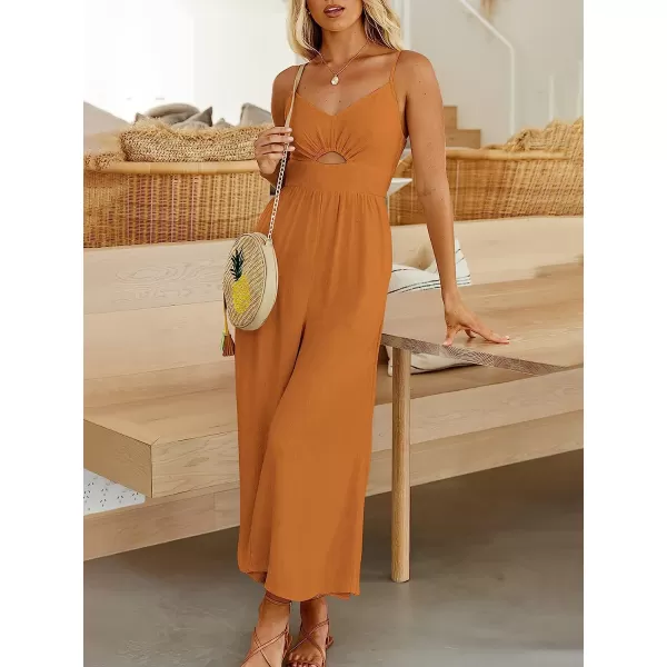 imageANRABESS Womens Summer Spaghetti Straps V Neck Cutout Smocked High Waist Wide leg Jumpsuits Rompers with PocketsOrange