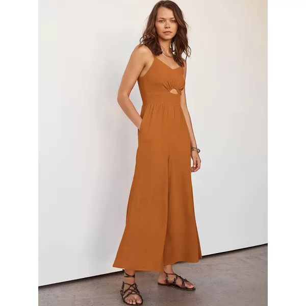 imageANRABESS Womens Summer Spaghetti Straps V Neck Cutout Smocked High Waist Wide leg Jumpsuits Rompers with PocketsOrange