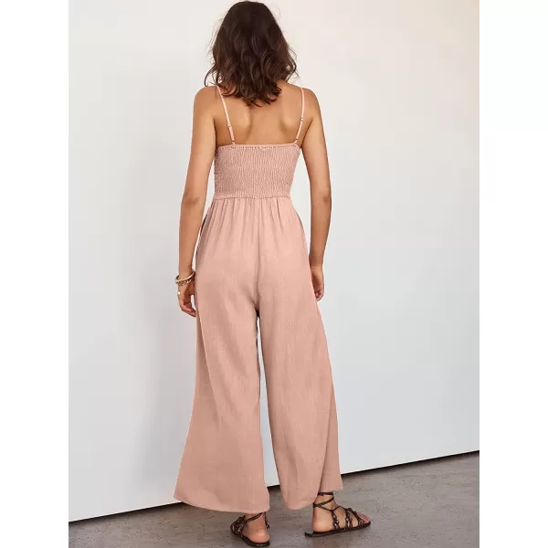 imageANRABESS Womens Summer Spaghetti Straps V Neck Cutout Smocked High Waist Wide leg Jumpsuits Rompers with PocketsPink