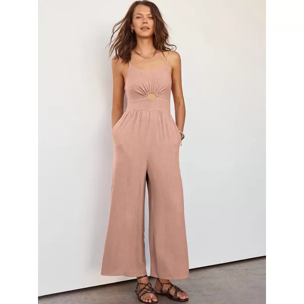 imageANRABESS Womens Summer Spaghetti Straps V Neck Cutout Smocked High Waist Wide leg Jumpsuits Rompers with PocketsPink
