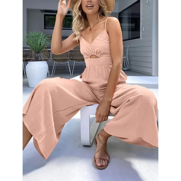 imageANRABESS Womens Summer Spaghetti Straps V Neck Cutout Smocked High Waist Wide leg Jumpsuits Rompers with PocketsPink