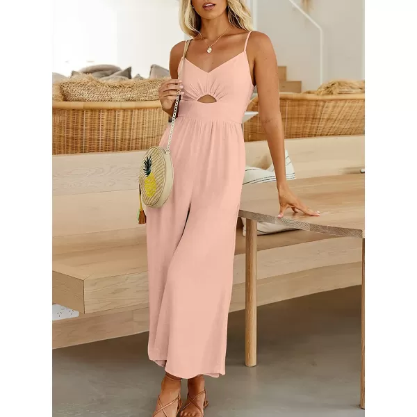imageANRABESS Womens Summer Spaghetti Straps V Neck Cutout Smocked High Waist Wide leg Jumpsuits Rompers with PocketsPink