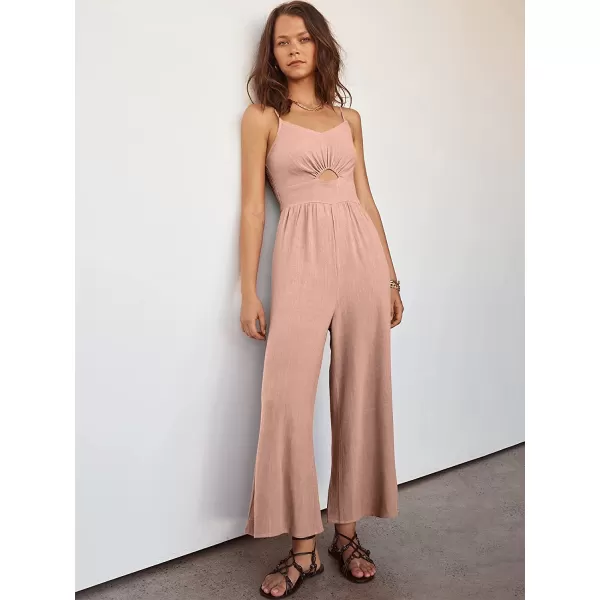 imageANRABESS Womens Summer Spaghetti Straps V Neck Cutout Smocked High Waist Wide leg Jumpsuits Rompers with PocketsPink