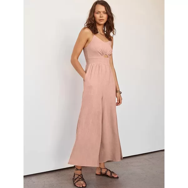 imageANRABESS Womens Summer Spaghetti Straps V Neck Cutout Smocked High Waist Wide leg Jumpsuits Rompers with PocketsPink