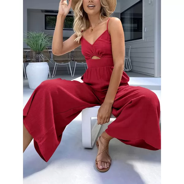 imageANRABESS Womens Summer Spaghetti Straps V Neck Cutout Smocked High Waist Wide leg Jumpsuits Rompers with PocketsRed