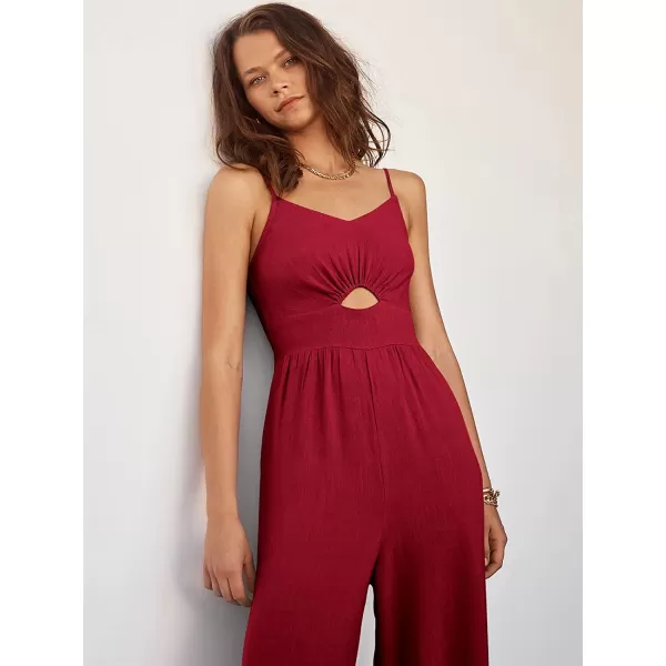 imageANRABESS Womens Summer Spaghetti Straps V Neck Cutout Smocked High Waist Wide leg Jumpsuits Rompers with PocketsRed
