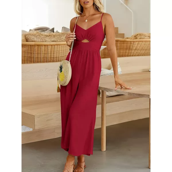 imageANRABESS Womens Summer Spaghetti Straps V Neck Cutout Smocked High Waist Wide leg Jumpsuits Rompers with PocketsRed