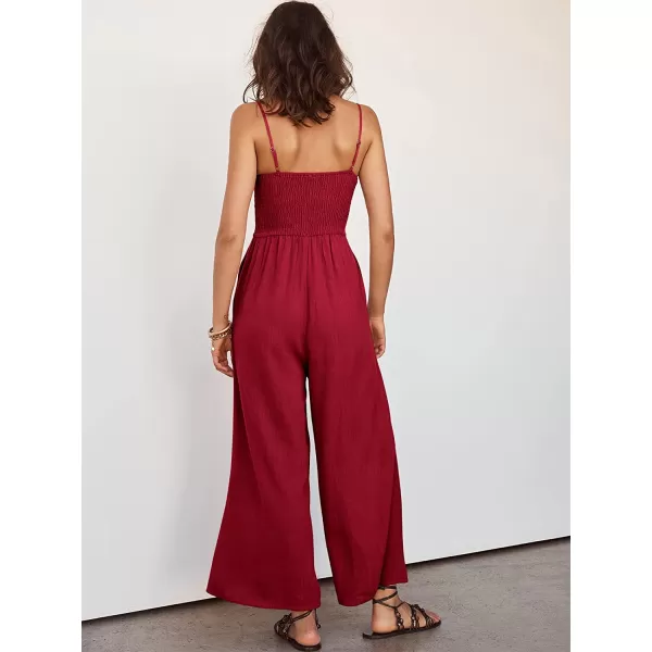 imageANRABESS Womens Summer Spaghetti Straps V Neck Cutout Smocked High Waist Wide leg Jumpsuits Rompers with PocketsRed