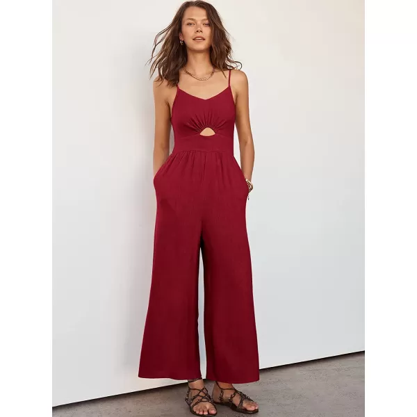 imageANRABESS Womens Summer Spaghetti Straps V Neck Cutout Smocked High Waist Wide leg Jumpsuits Rompers with PocketsRed