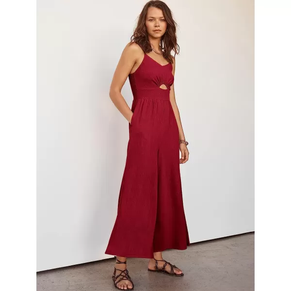 imageANRABESS Womens Summer Spaghetti Straps V Neck Cutout Smocked High Waist Wide leg Jumpsuits Rompers with PocketsRed