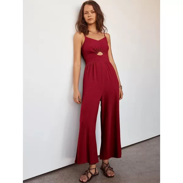 imageANRABESS Womens Summer Spaghetti Straps V Neck Cutout Smocked High Waist Wide leg Jumpsuits Rompers with PocketsRed