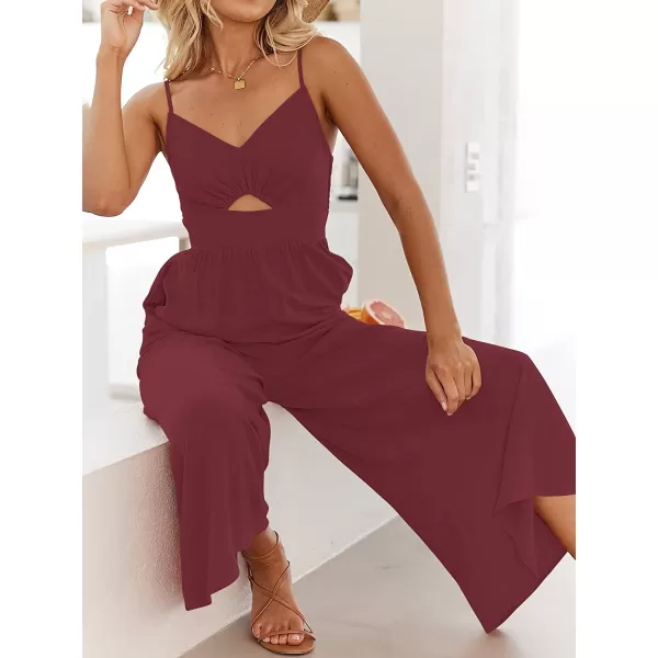 imageANRABESS Womens Summer Spaghetti Straps V Neck Cutout Smocked High Waist Wide leg Jumpsuits Rompers with PocketsRose