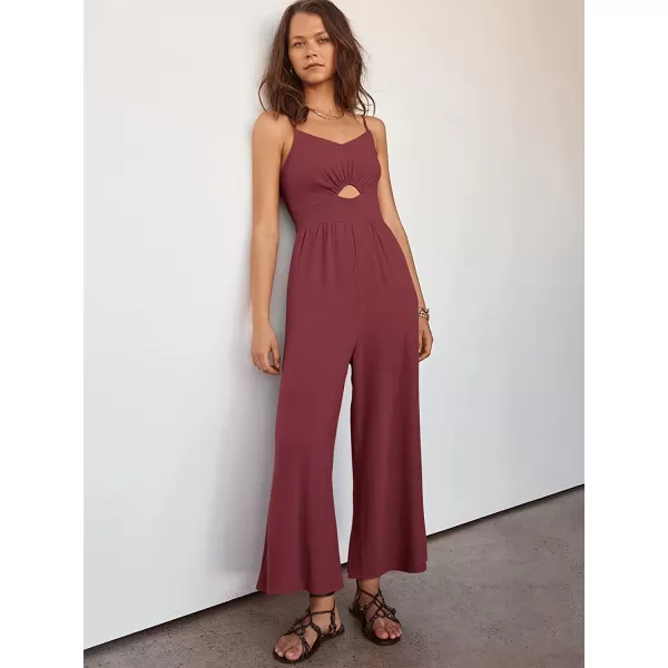 imageANRABESS Womens Summer Spaghetti Straps V Neck Cutout Smocked High Waist Wide leg Jumpsuits Rompers with PocketsRose