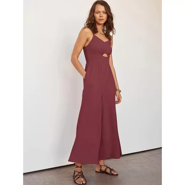 imageANRABESS Womens Summer Spaghetti Straps V Neck Cutout Smocked High Waist Wide leg Jumpsuits Rompers with PocketsRose