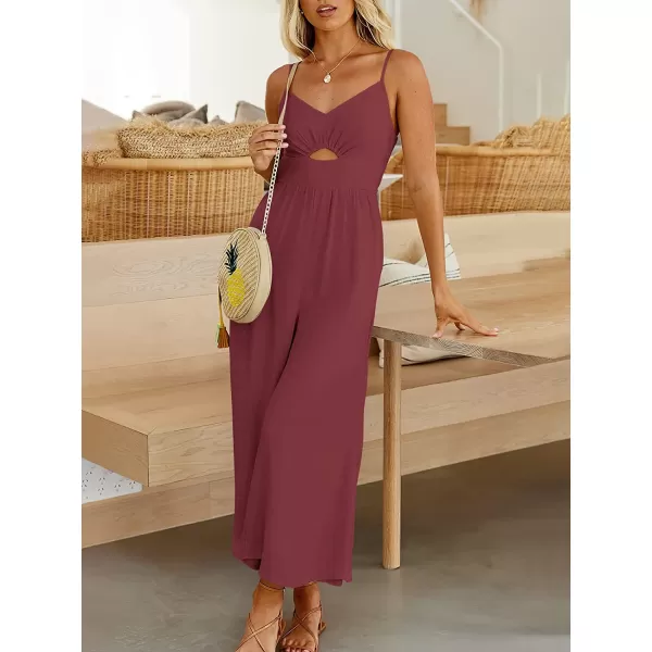 imageANRABESS Womens Summer Spaghetti Straps V Neck Cutout Smocked High Waist Wide leg Jumpsuits Rompers with PocketsRose