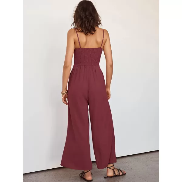 imageANRABESS Womens Summer Spaghetti Straps V Neck Cutout Smocked High Waist Wide leg Jumpsuits Rompers with PocketsRose