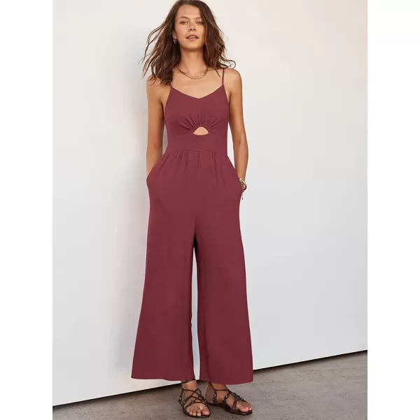 imageANRABESS Womens Summer Spaghetti Straps V Neck Cutout Smocked High Waist Wide leg Jumpsuits Rompers with PocketsRose