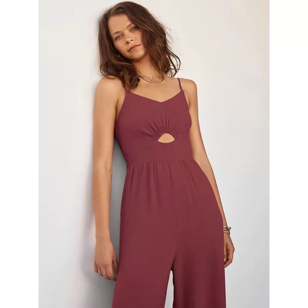 imageANRABESS Womens Summer Spaghetti Straps V Neck Cutout Smocked High Waist Wide leg Jumpsuits Rompers with PocketsRose