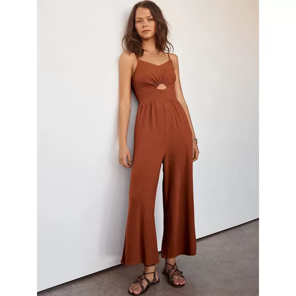 imageANRABESS Womens Summer Spaghetti Straps V Neck Cutout Smocked High Waist Wide leg Jumpsuits Rompers with PocketsRust