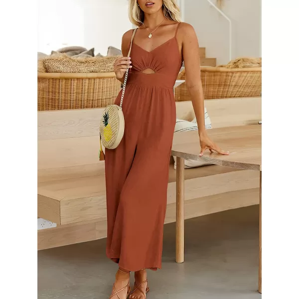 imageANRABESS Womens Summer Spaghetti Straps V Neck Cutout Smocked High Waist Wide leg Jumpsuits Rompers with PocketsRust