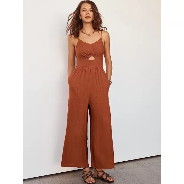 imageANRABESS Womens Summer Spaghetti Straps V Neck Cutout Smocked High Waist Wide leg Jumpsuits Rompers with PocketsRust