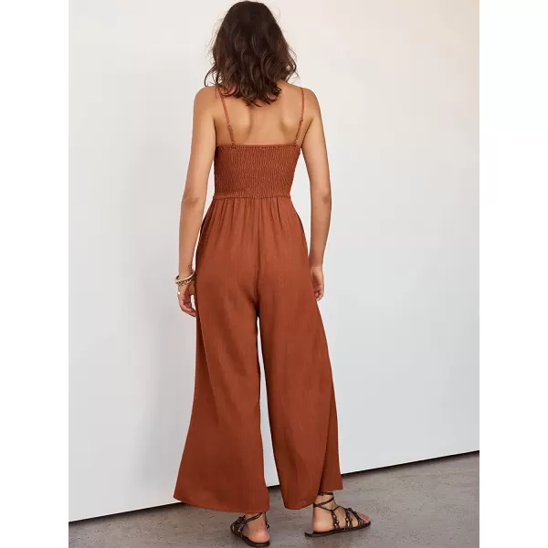 imageANRABESS Womens Summer Spaghetti Straps V Neck Cutout Smocked High Waist Wide leg Jumpsuits Rompers with PocketsRust