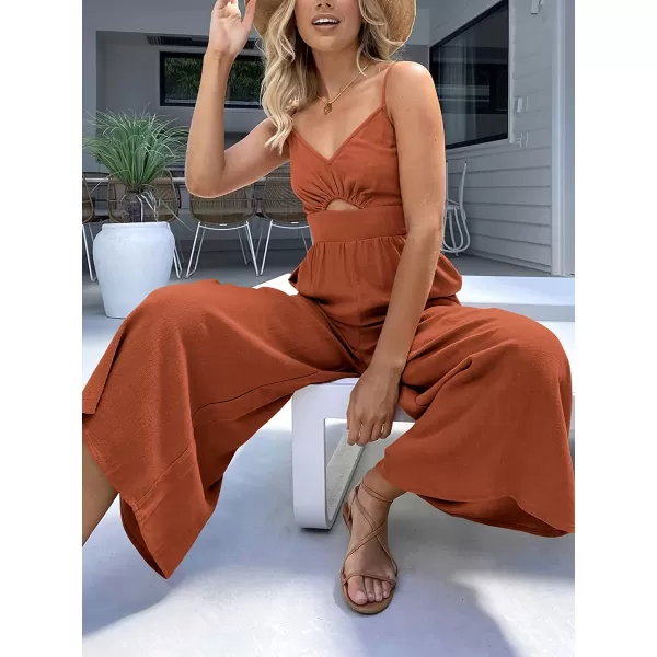imageANRABESS Womens Summer Spaghetti Straps V Neck Cutout Smocked High Waist Wide leg Jumpsuits Rompers with PocketsRust
