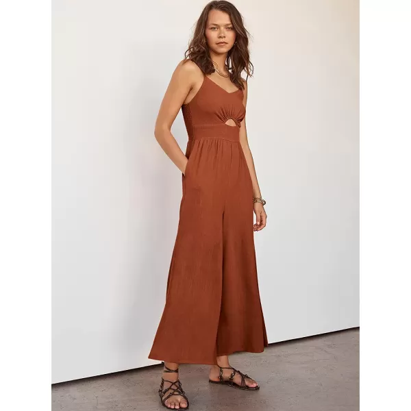 imageANRABESS Womens Summer Spaghetti Straps V Neck Cutout Smocked High Waist Wide leg Jumpsuits Rompers with PocketsRust