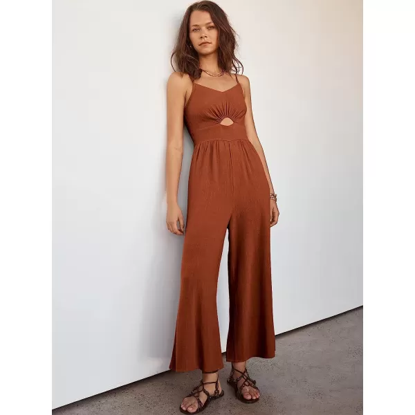 imageANRABESS Womens Summer Spaghetti Straps V Neck Cutout Smocked High Waist Wide leg Jumpsuits Rompers with PocketsRust