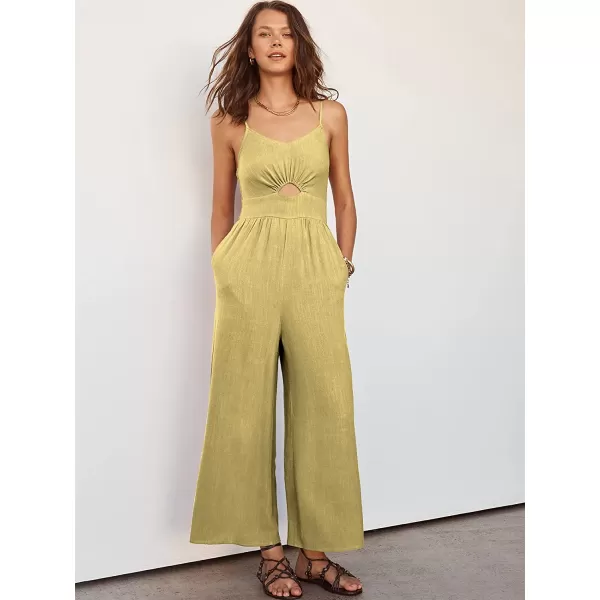 imageANRABESS Womens Summer Spaghetti Straps V Neck Cutout Smocked High Waist Wide leg Jumpsuits Rompers with PocketsYellow