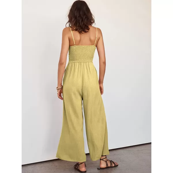imageANRABESS Womens Summer Spaghetti Straps V Neck Cutout Smocked High Waist Wide leg Jumpsuits Rompers with PocketsYellow