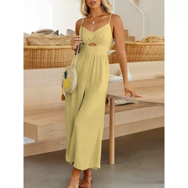 imageANRABESS Womens Summer Spaghetti Straps V Neck Cutout Smocked High Waist Wide leg Jumpsuits Rompers with PocketsYellow