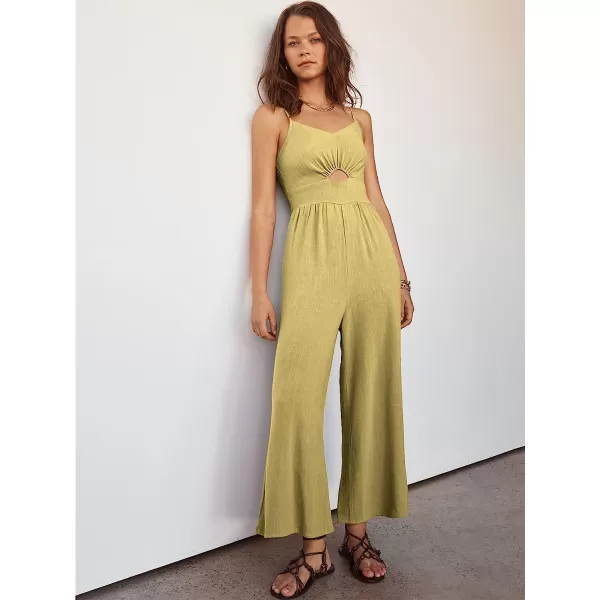 imageANRABESS Womens Summer Spaghetti Straps V Neck Cutout Smocked High Waist Wide leg Jumpsuits Rompers with PocketsYellow