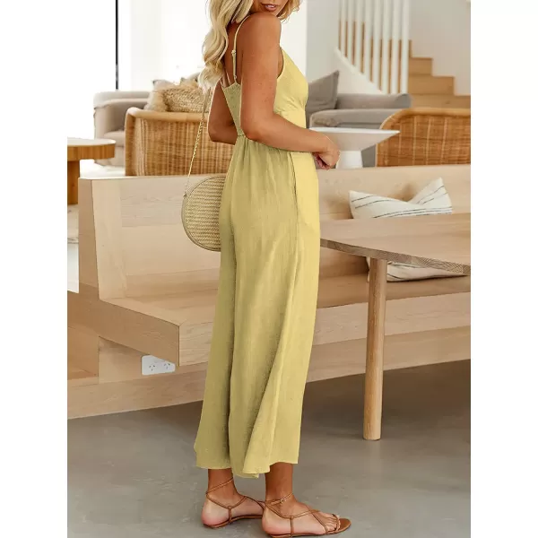 imageANRABESS Womens Summer Spaghetti Straps V Neck Cutout Smocked High Waist Wide leg Jumpsuits Rompers with PocketsYellow
