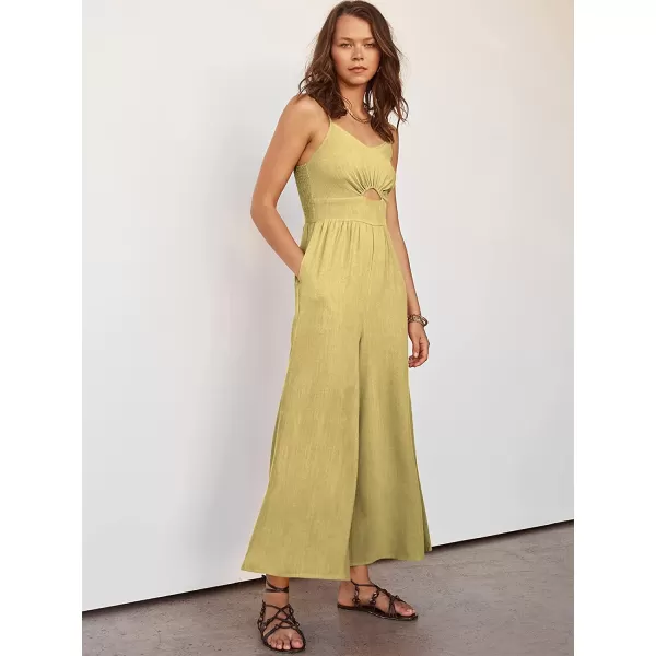 imageANRABESS Womens Summer Spaghetti Straps V Neck Cutout Smocked High Waist Wide leg Jumpsuits Rompers with PocketsYellow