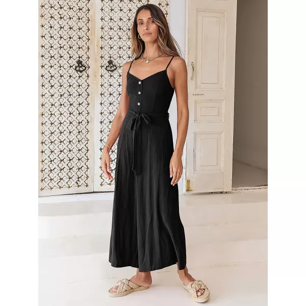 imageANRABESS Womens Summer Spaghetti Straps V Neck Smocked Wide Leg Jumpsuits Rompers With BeltBlack