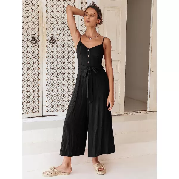 imageANRABESS Womens Summer Spaghetti Straps V Neck Smocked Wide Leg Jumpsuits Rompers With BeltBlack