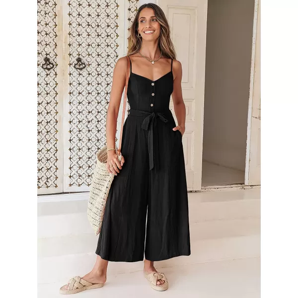 imageANRABESS Womens Summer Spaghetti Straps V Neck Smocked Wide Leg Jumpsuits Rompers With BeltBlack