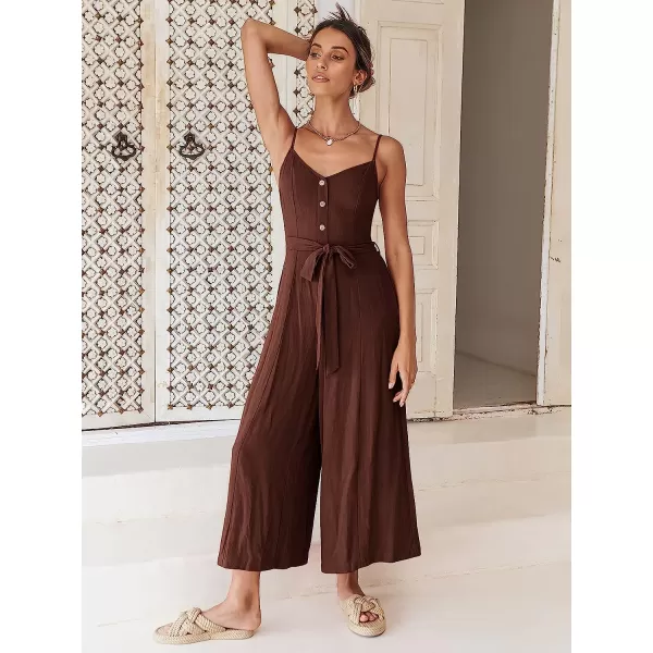 imageANRABESS Womens Summer Spaghetti Straps V Neck Smocked Wide Leg Jumpsuits Rompers With BeltCaramel