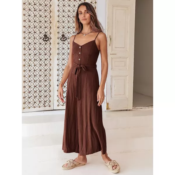 imageANRABESS Womens Summer Spaghetti Straps V Neck Smocked Wide Leg Jumpsuits Rompers With BeltCaramel