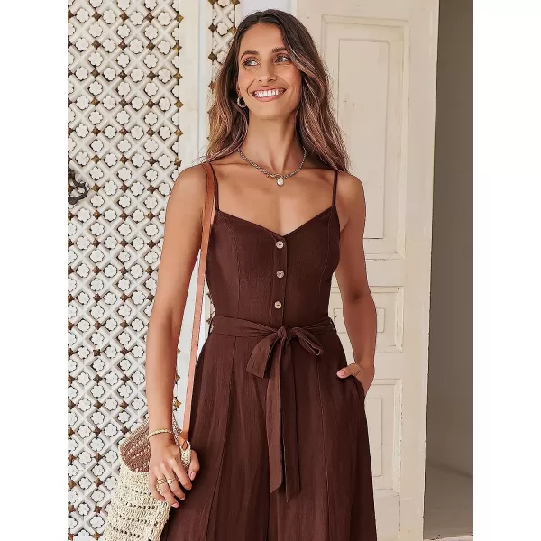imageANRABESS Womens Summer Spaghetti Straps V Neck Smocked Wide Leg Jumpsuits Rompers With BeltCaramel