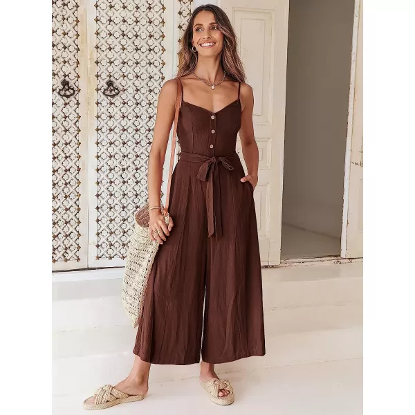 imageANRABESS Womens Summer Spaghetti Straps V Neck Smocked Wide Leg Jumpsuits Rompers With BeltCaramel